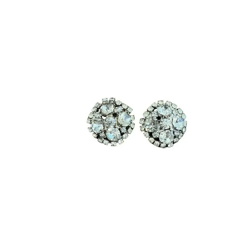 Vintage Formal Rhinestone Round Clip On Earrings Evening Bling